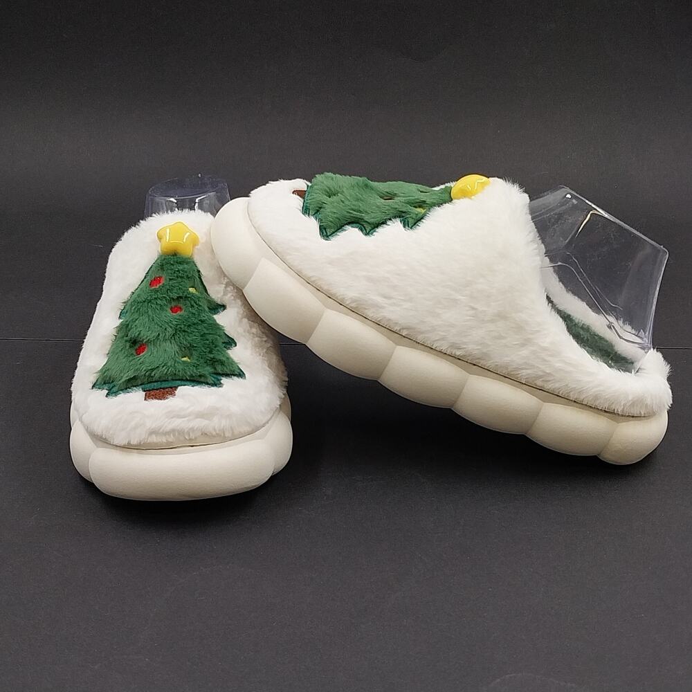 Christmas Tree Plush Slippers White Faux Fur Thermal House Shoes Women's 9-10